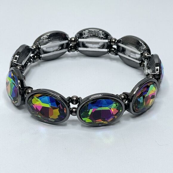 Gun Metal Black AB Glass Oval Cut Stretch Bracelet Gothic Statement 6.5" - Picture 1 of 6
